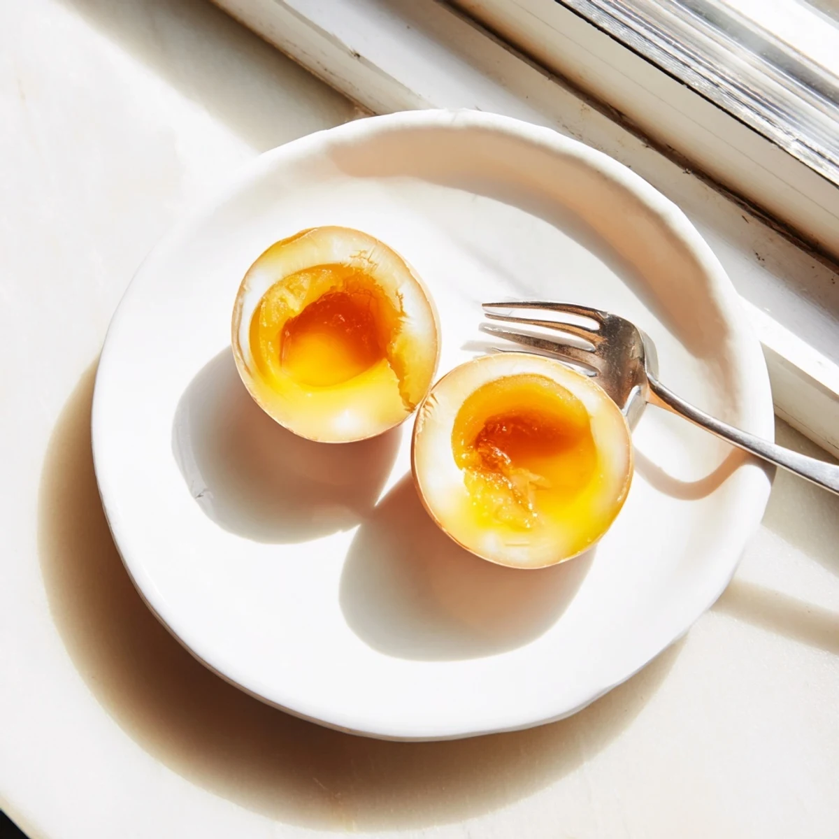 A close-up shows ramen eggs halved to reveal creamy centers, resting in a ceramic bowl beside chopsticks and a sprinkle of sesame seeds.