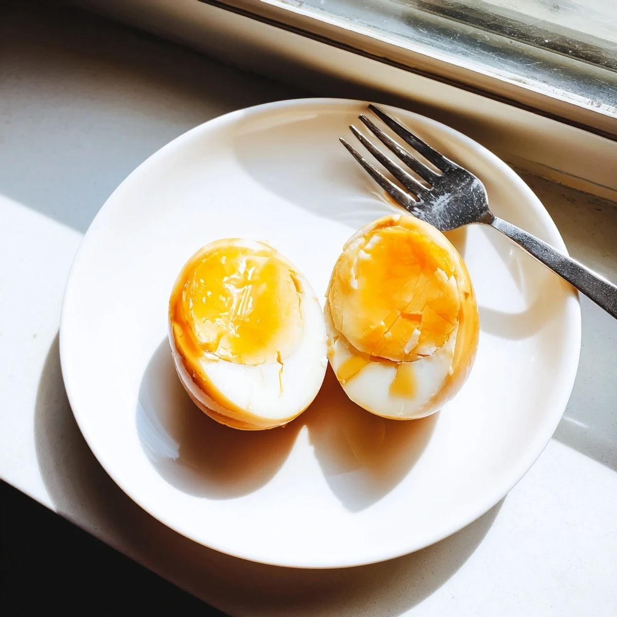 Freshly peeled ramen eggs sit submerged in a dark savory marinade, ready to be served as a flavorful topping for a hot noodle bowl.