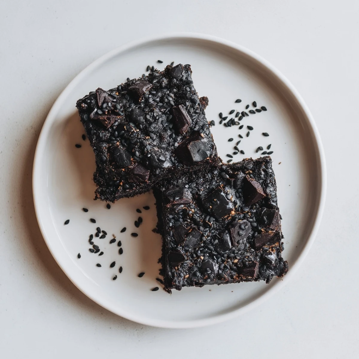 A close-up of Black Sesame Brownies shows their rich, black sesame-infused crumb, served on a minimalist white plate.
