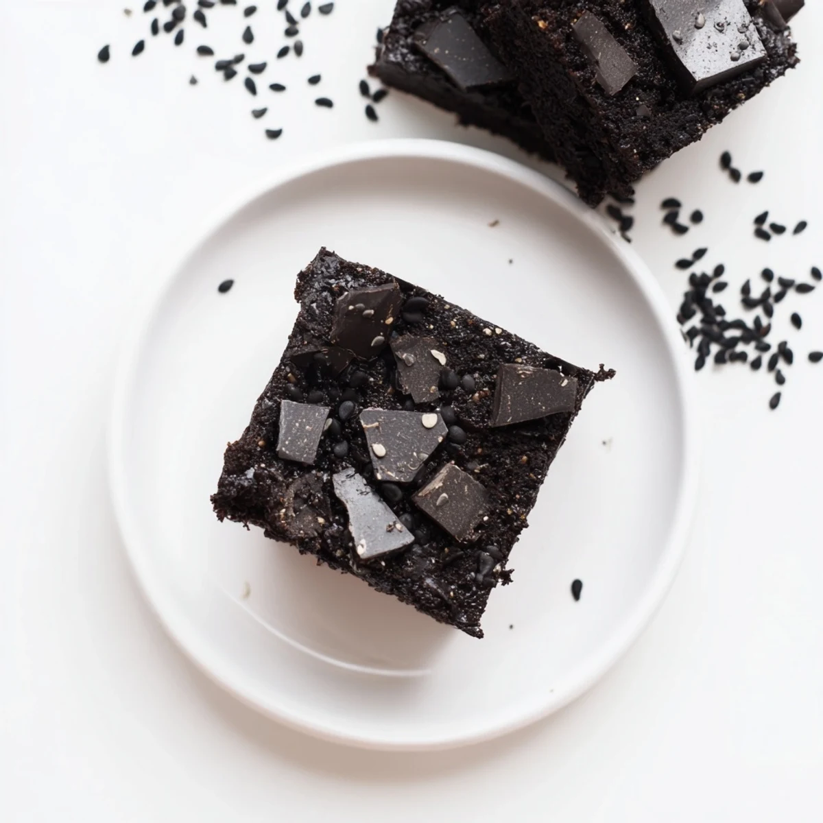 In a U.S. kitchen setting, fresh Black Sesame Brownies are cut into squares, garnished with black sesame seeds.