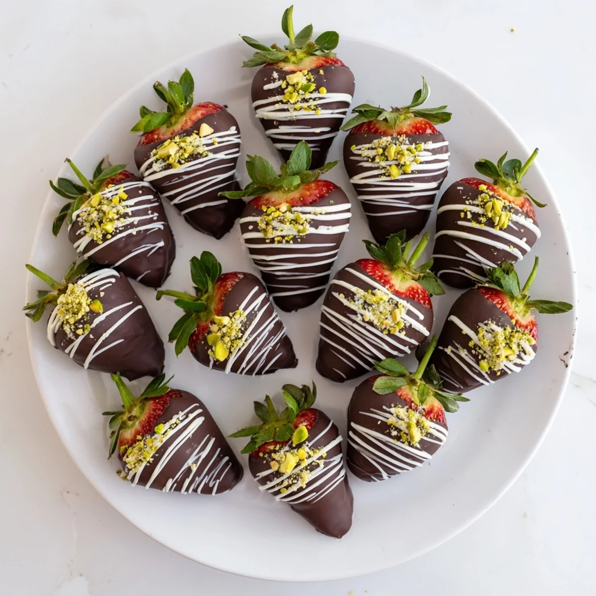 Juicy fresh strawberries dipped in silky dark chocolate for a romantic Valentine’s Day treat with chopped pistachios on top.  