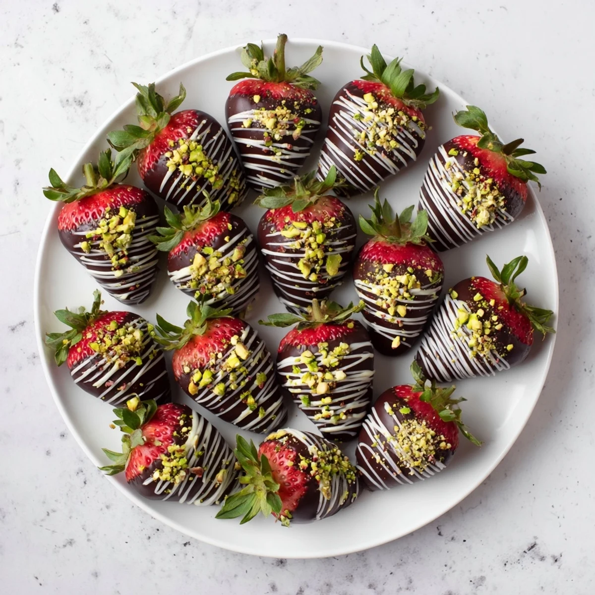 A close up view of glossy chocolate covered strawberries for valentines day topped with coconut flakes and white chocolate drizzle.