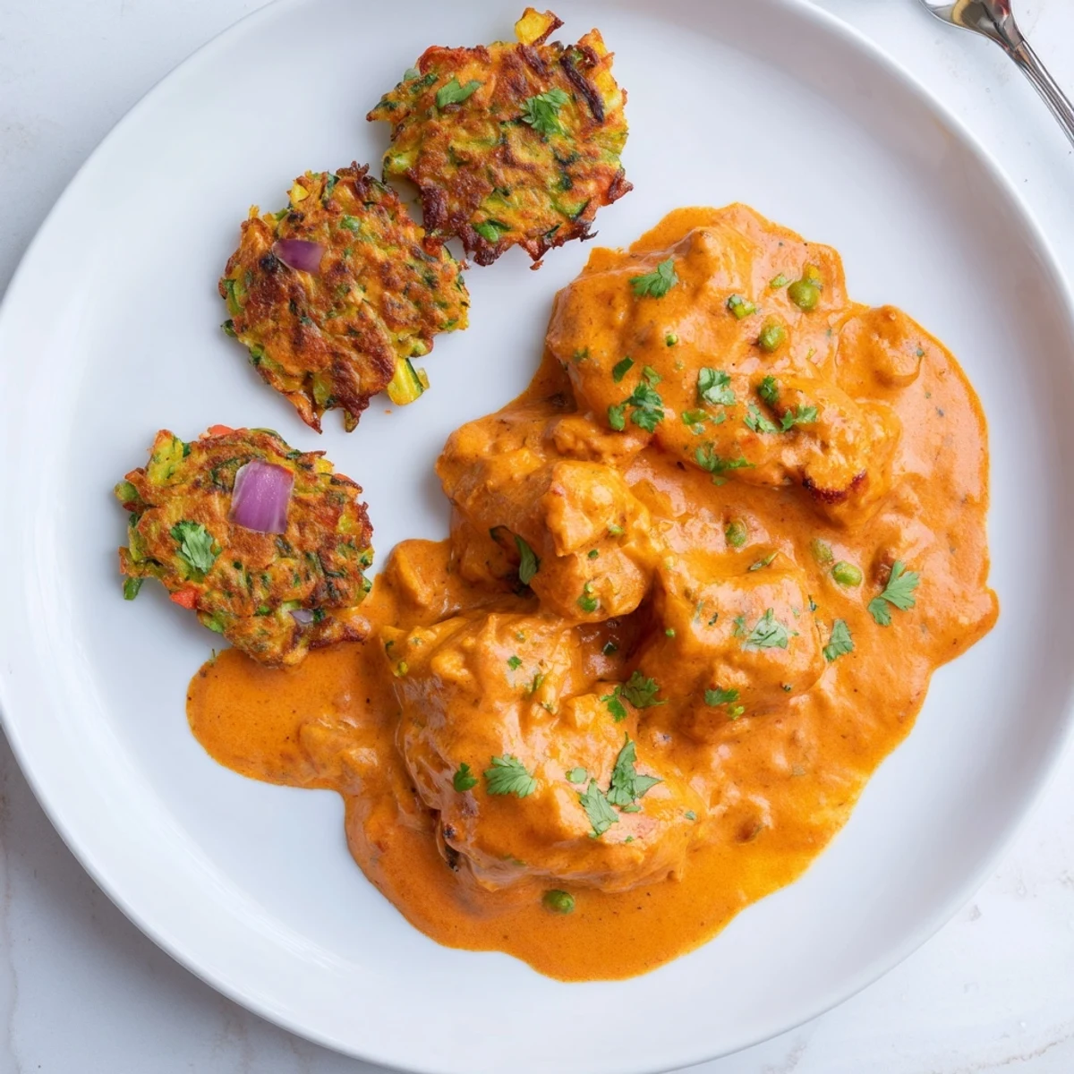 Butter Chicken and Vegetable Fritters plated beside fluffy basmati rice, showcasing tender chicken pieces and crispy vegetable fritters on a white plate.