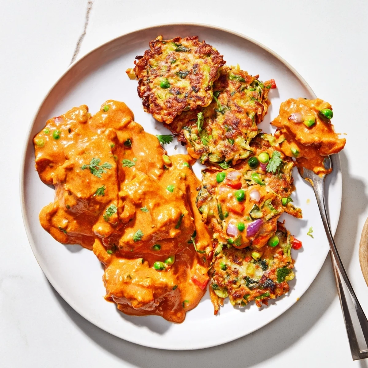 A close-up of Butter Chicken and Vegetable Fritters, with creamy orange sauce drizzled over golden-brown fritters and fresh cilantro garnish.
