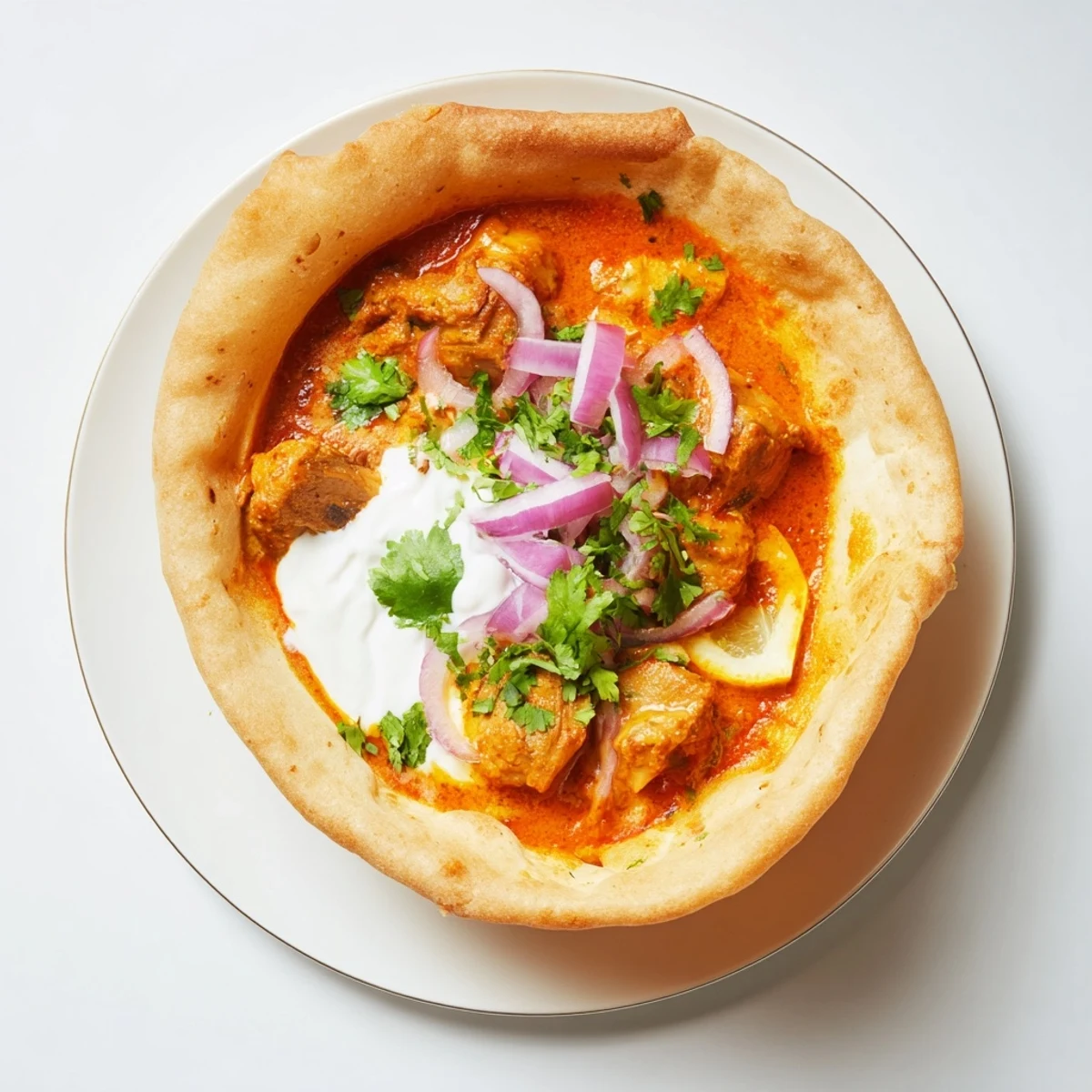 Golden-brown roti bowl filled with creamy butter chicken, topped with fresh cilantro and a dollop of yogurt, served with lemon wedges on the side.