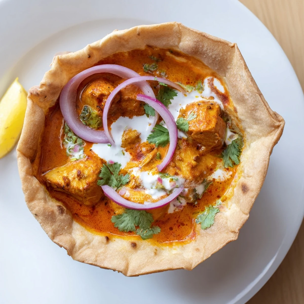 Sizzling butter chicken simmering in a rich tomato cream sauce, ready to be scooped into homemade crispy roti bowls for dinner.