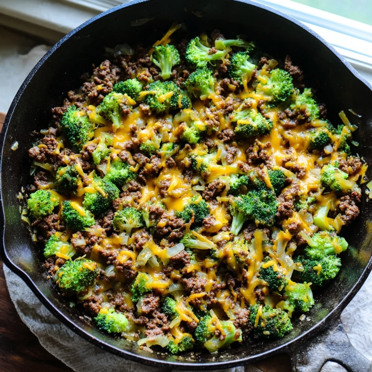 Golden melted cheddar covers the Keto Hamburger Broccoli Skillet in a sizzling pan.
