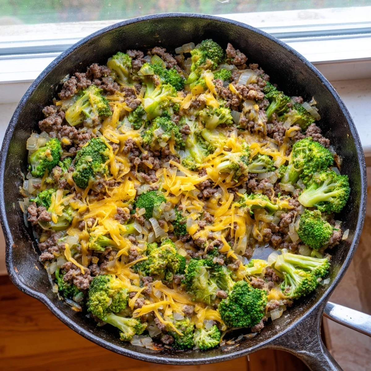 The Keto Hamburger Broccoli Skillet shows tender broccoli and seasoned ground beef.