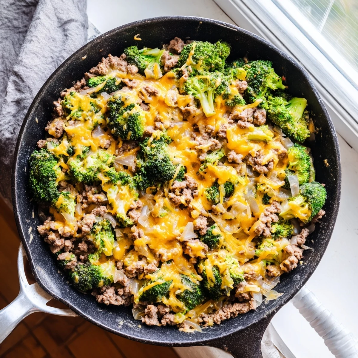 A close view of the Keto Hamburger Broccoli Skillet with herbs and steam.