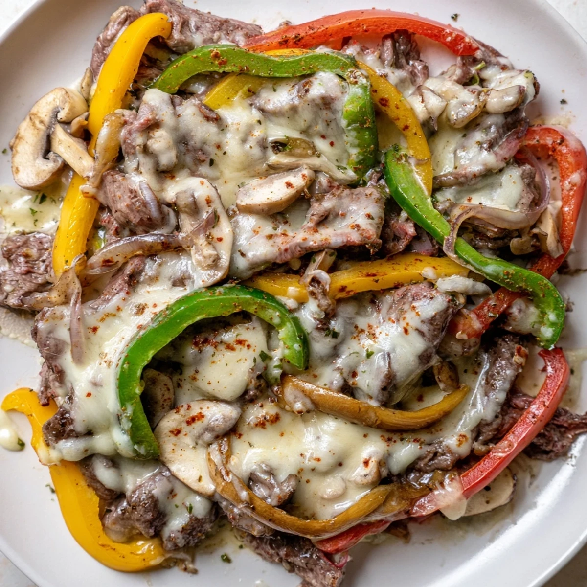 Creamy Keto Philly Cheesesteak Skillet with melted provolone and sautéed peppers served hot.