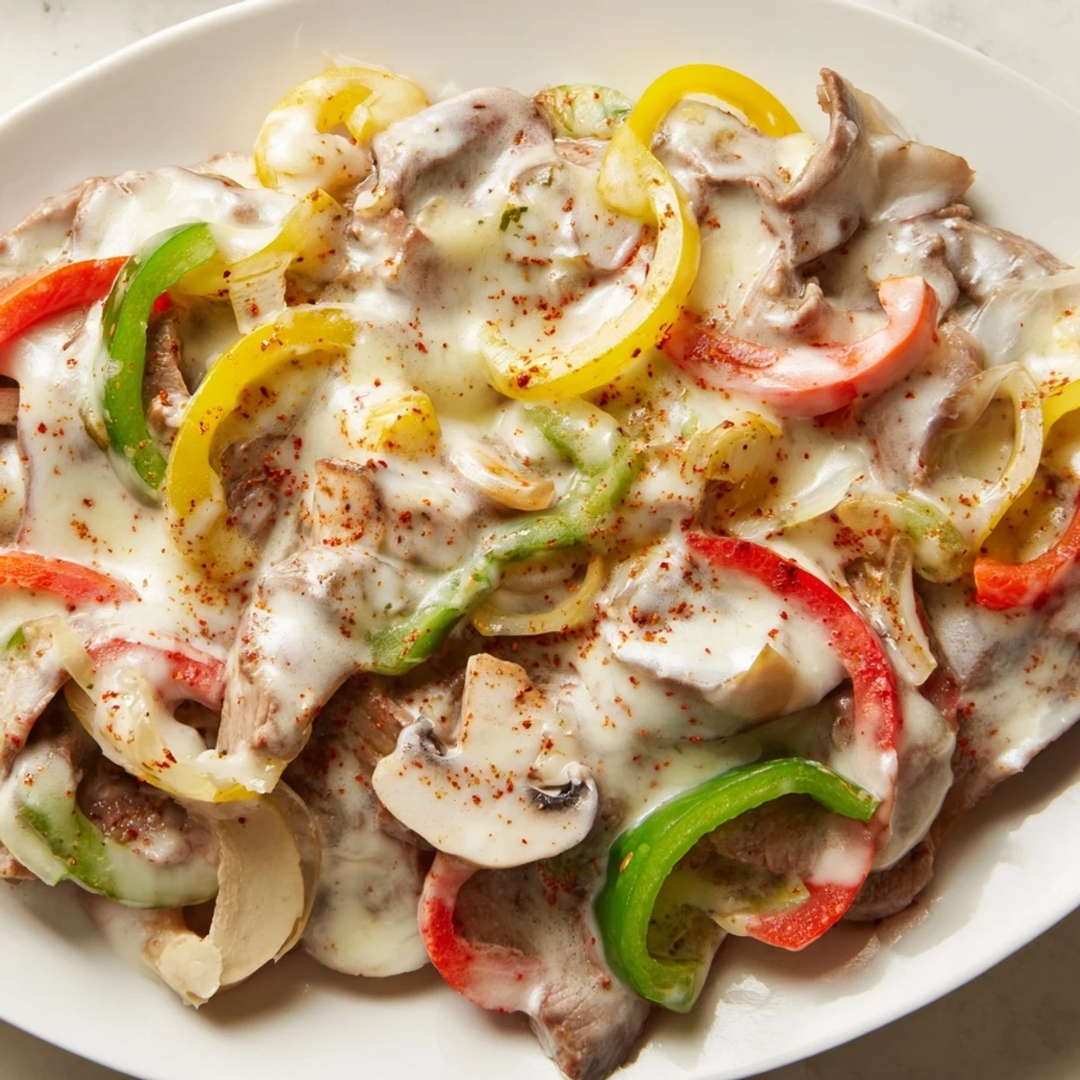 A skillet of Creamy Keto Philly Cheesesteak Skillet with tender beef and onions.
