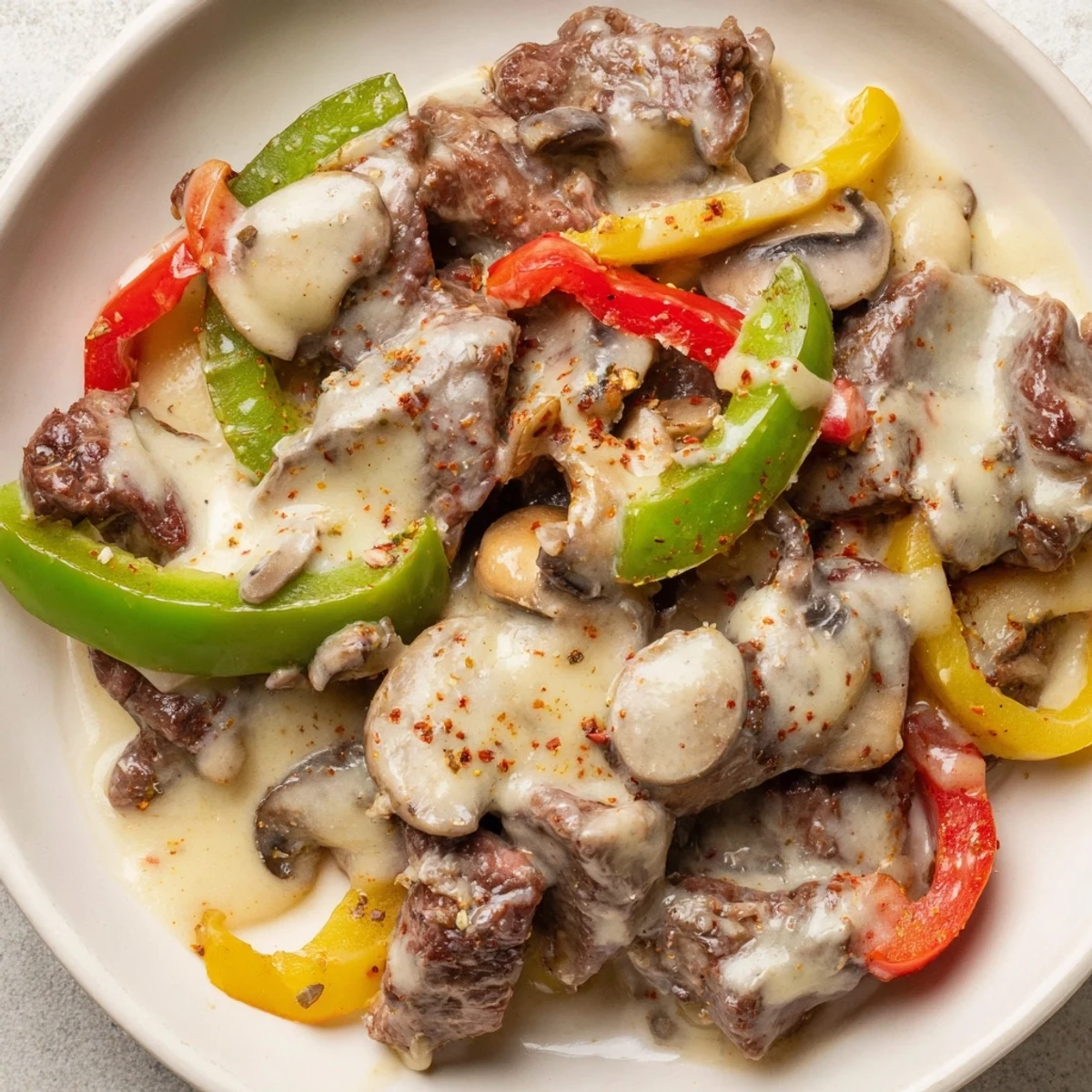 Creamy Keto Philly Cheesesteak Skillet garnished with paprika, ready for a low-carb dinner.