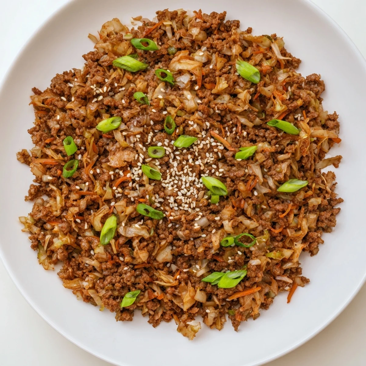Steaming skillet of Egg Roll In A Bowl with savory ground pork and crisp cabbage.