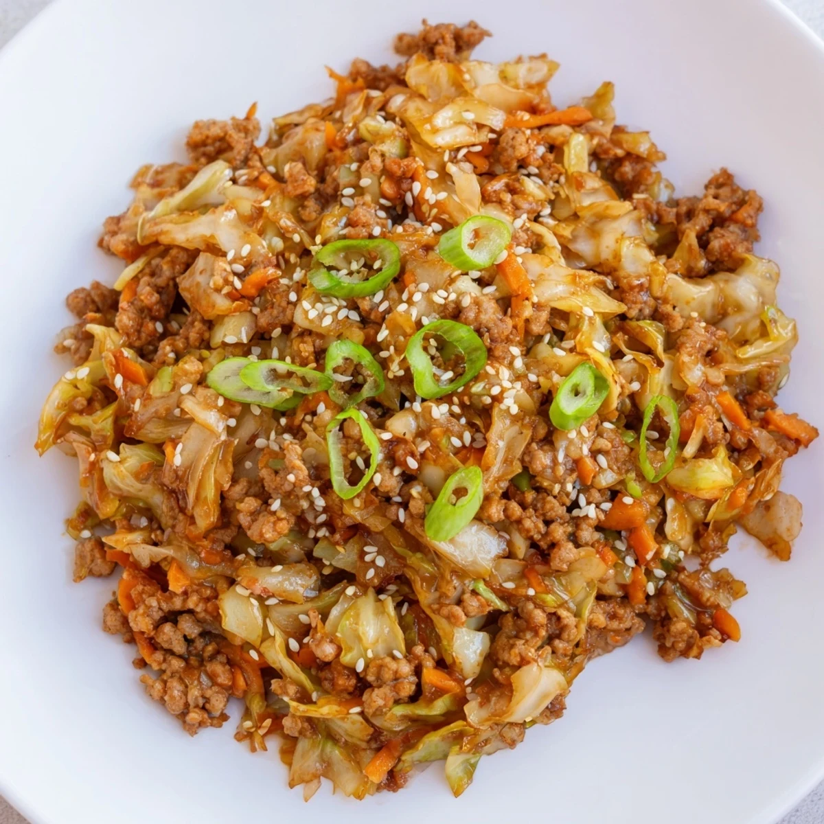 Fork-ready Egg Roll In A Bowl with tender pork and vibrant shredded carrots in skillet.