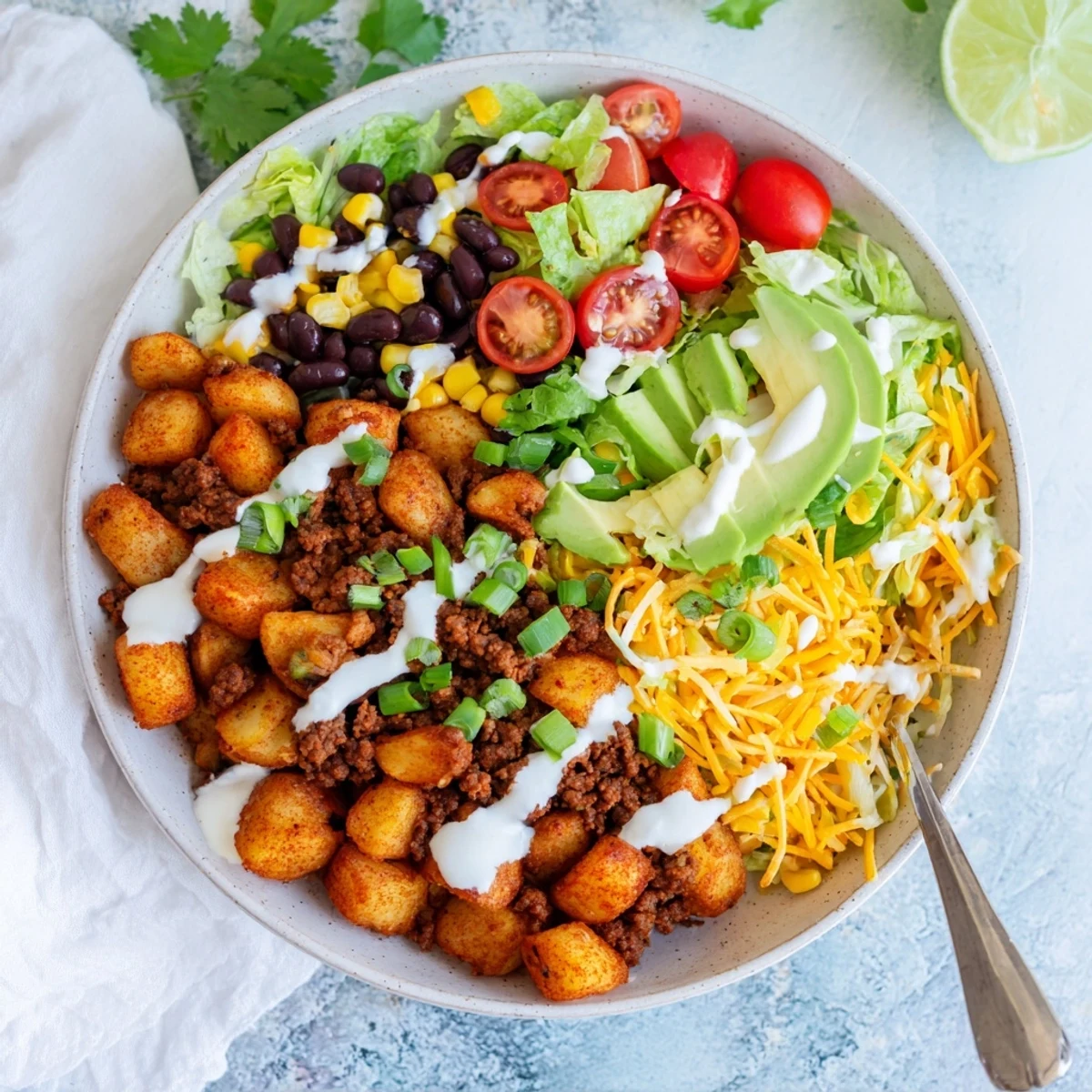 A close-up of a vibrant Loaded Potato Taco Bowl with crispy roasted potatoes, seasoned beef, shredded cheese, and fresh toppings.