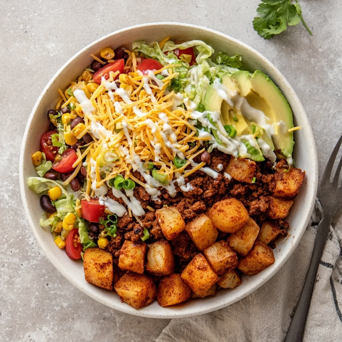This hearty Loaded Potato Taco Bowl features golden potatoes, savory taco meat, and a drizzle of zesty crema for a satisfying meal.