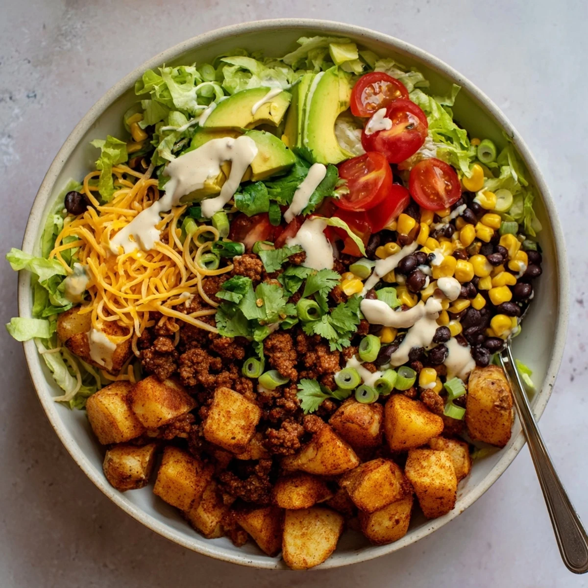An overhead view of a Loaded Potato Taco Bowl, highlighting colorful ingredients like avocado, black beans, and corn in a rustic setting.