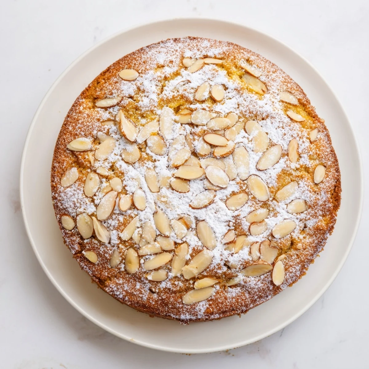 Sliced Almond Cake served on a floral plate with fresh berries for a sweet finish.