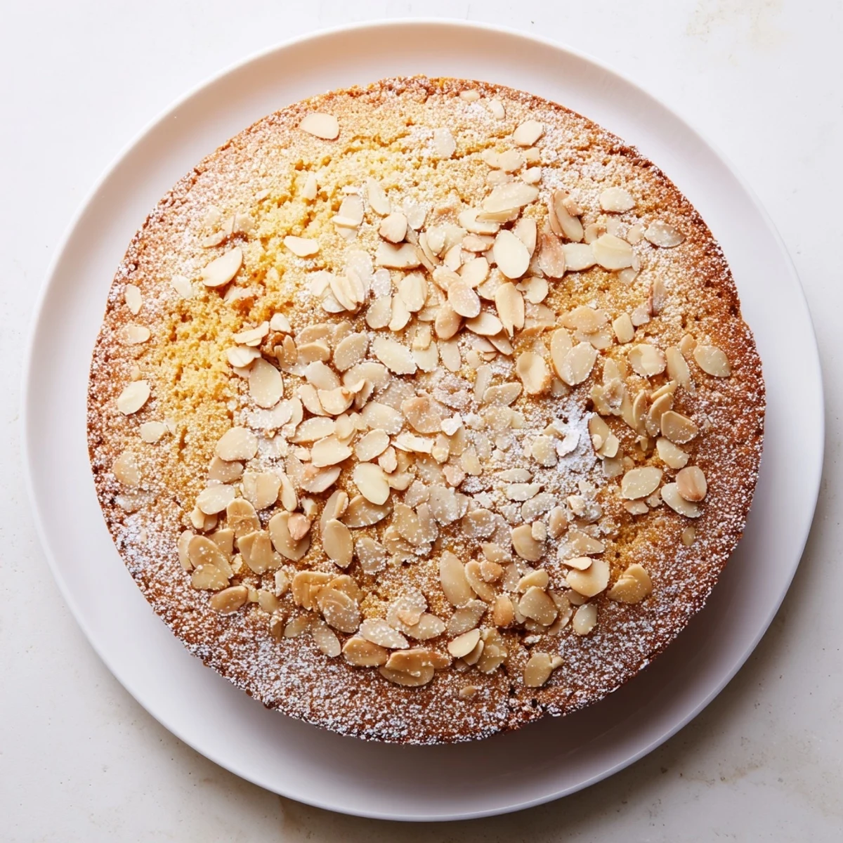 A freshly baked Almond Cake with sliced almonds and powdered sugar dusting, ready to slice.
