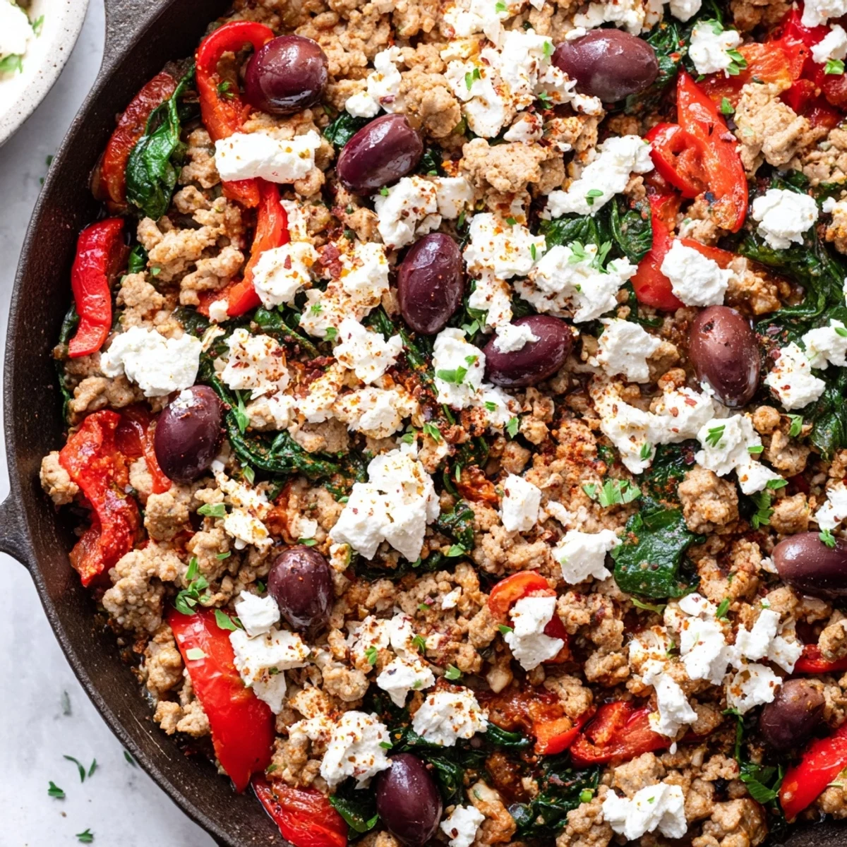 Mediterranean Keto Skillet with Ground Chicken, Olives & Feta served hot with crumbled feta and bright red tomatoes.