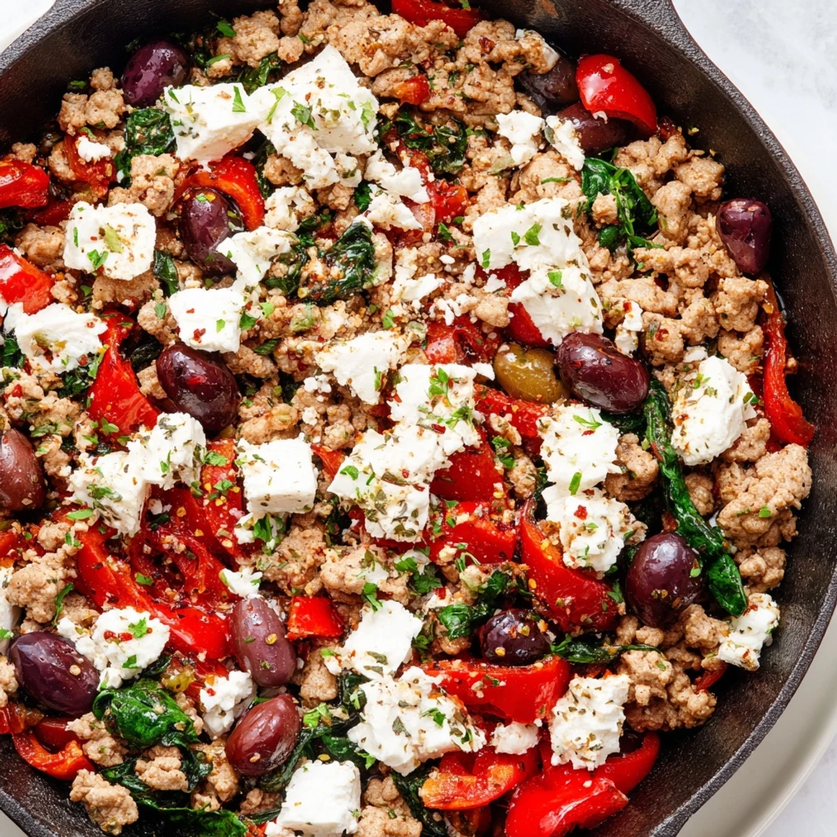 Savory Mediterranean Keto Skillet with Ground Chicken, Olives & Feta over cauliflower rice in a rustic skillet.