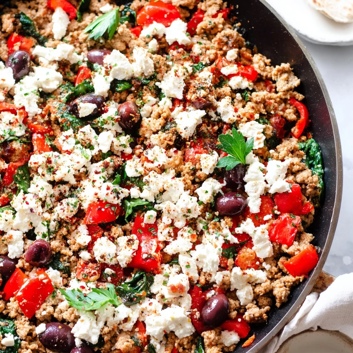 Easy weeknight Mediterranean Keto Skillet with Ground Chicken, Olives & Feta garnished with fresh parsley and olives.