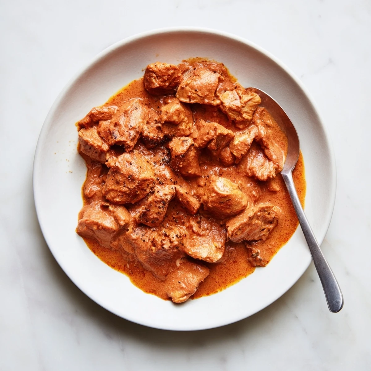 Tender chicken thighs coated in garam masala, butter, and heavy cream create a velvety 5 Ingredient Keto Butter Chicken, served steaming hot with fresh cilantro garnish.