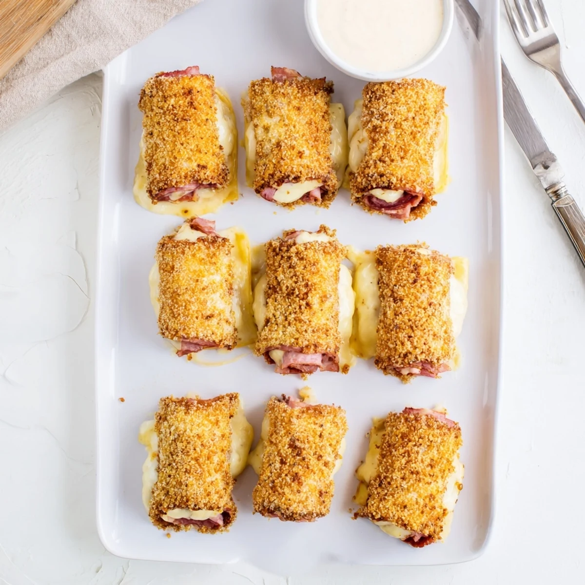 Unglazed Keto Crispy Reuben Roll Ups arranged on a baking sheet, ready to be brushed with butter before they turn golden and bubbly.