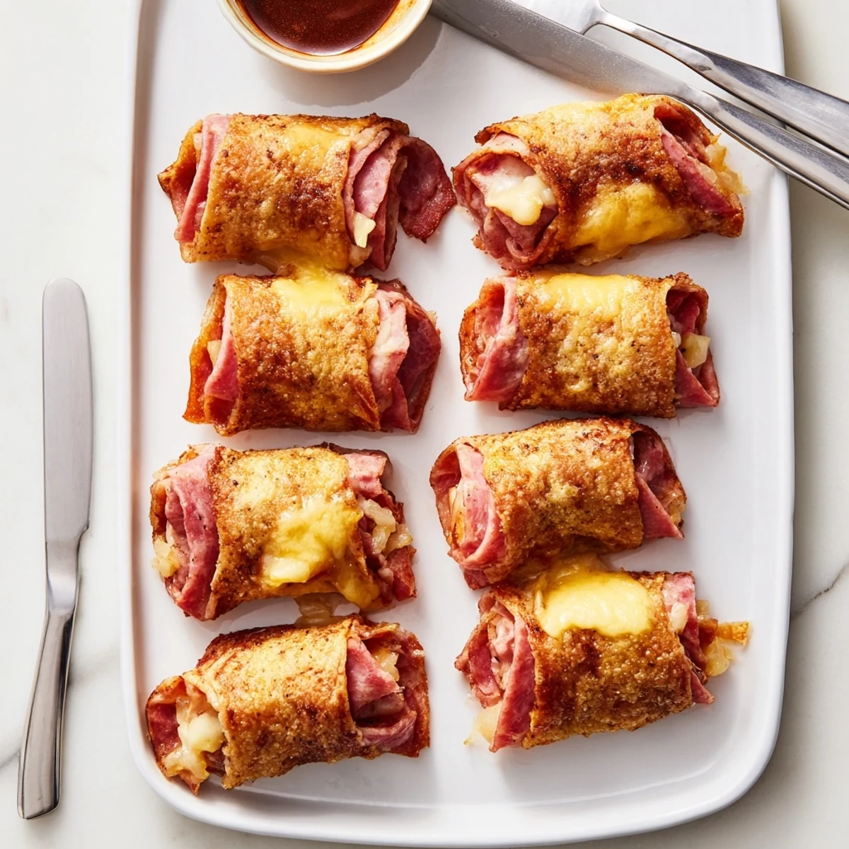 Golden-brown Keto Crispy Reuben Roll Ups fresh from the oven, showing melted Swiss cheese and corned beef peeking out from a crispy shell.