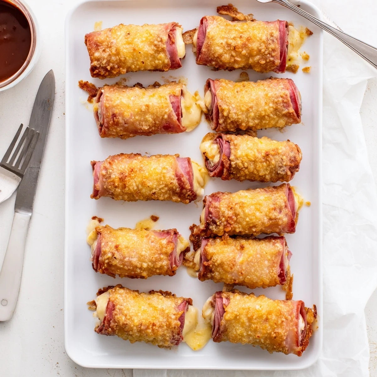Perfectly baked Keto Crispy Reuben Roll Ups served on a white plate, garnished with a side of sugar-free Russian dressing for dipping.
