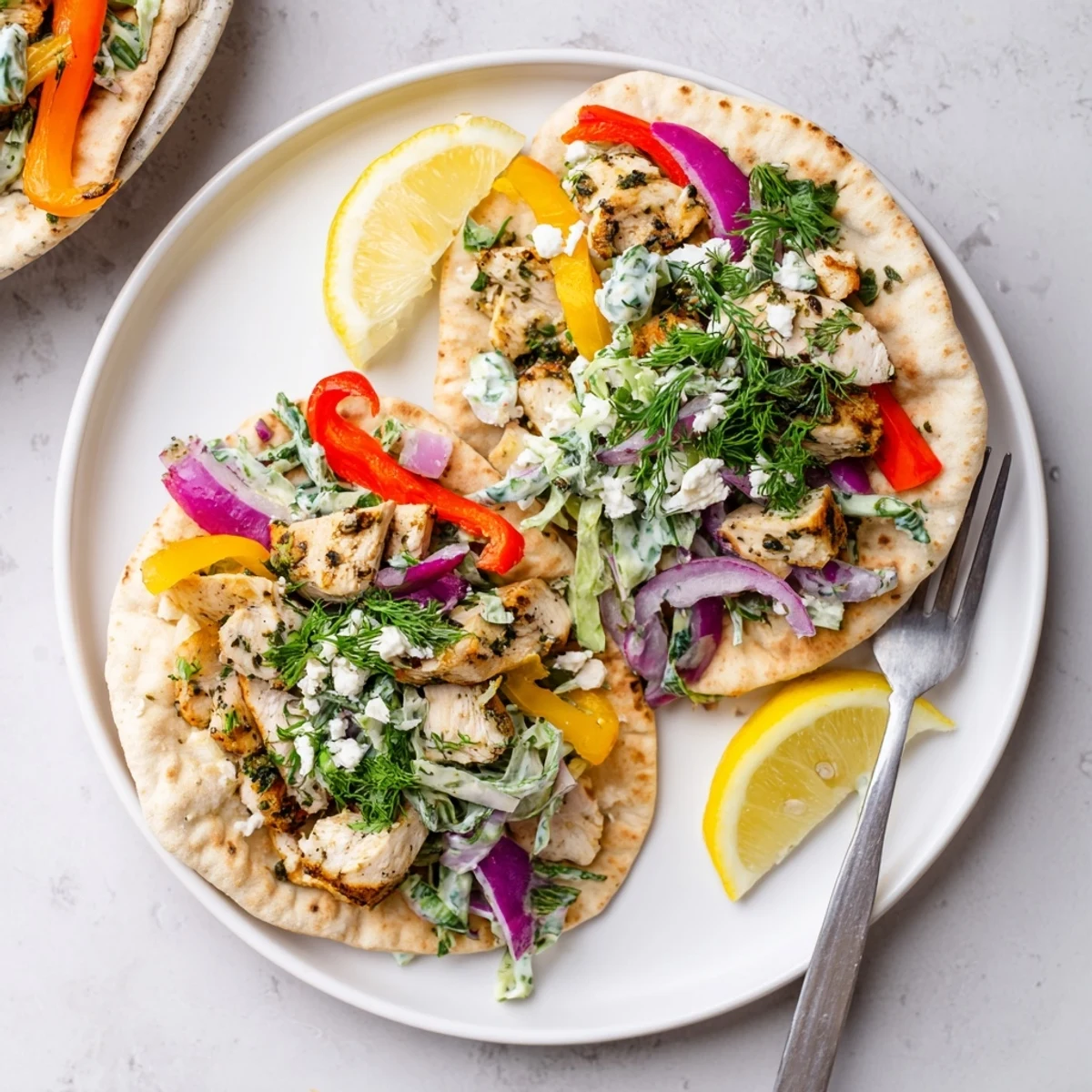 Golden-brown roasted chicken and colorful bell peppers spilling out of a warm pita bread, topped with a generous scoop of green Fresh Herb Ranch Slaw.