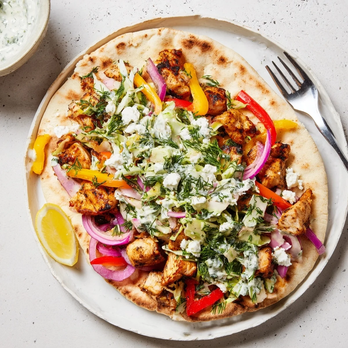Freshly assembled Sheet Pan Chicken Pitas with a vibrant, crunchy slaw and tender chicken on a rustic wooden serving board.