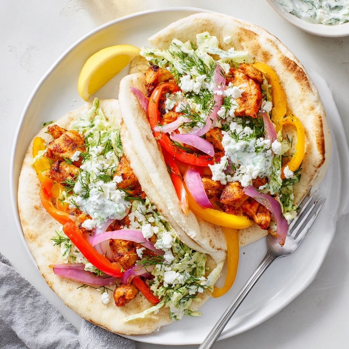 Close-up of a warm pita stuffed with juicy Sheet Pan Chicken Pitas and crisp Fresh Herb Ranch Slaw, ready to eat.