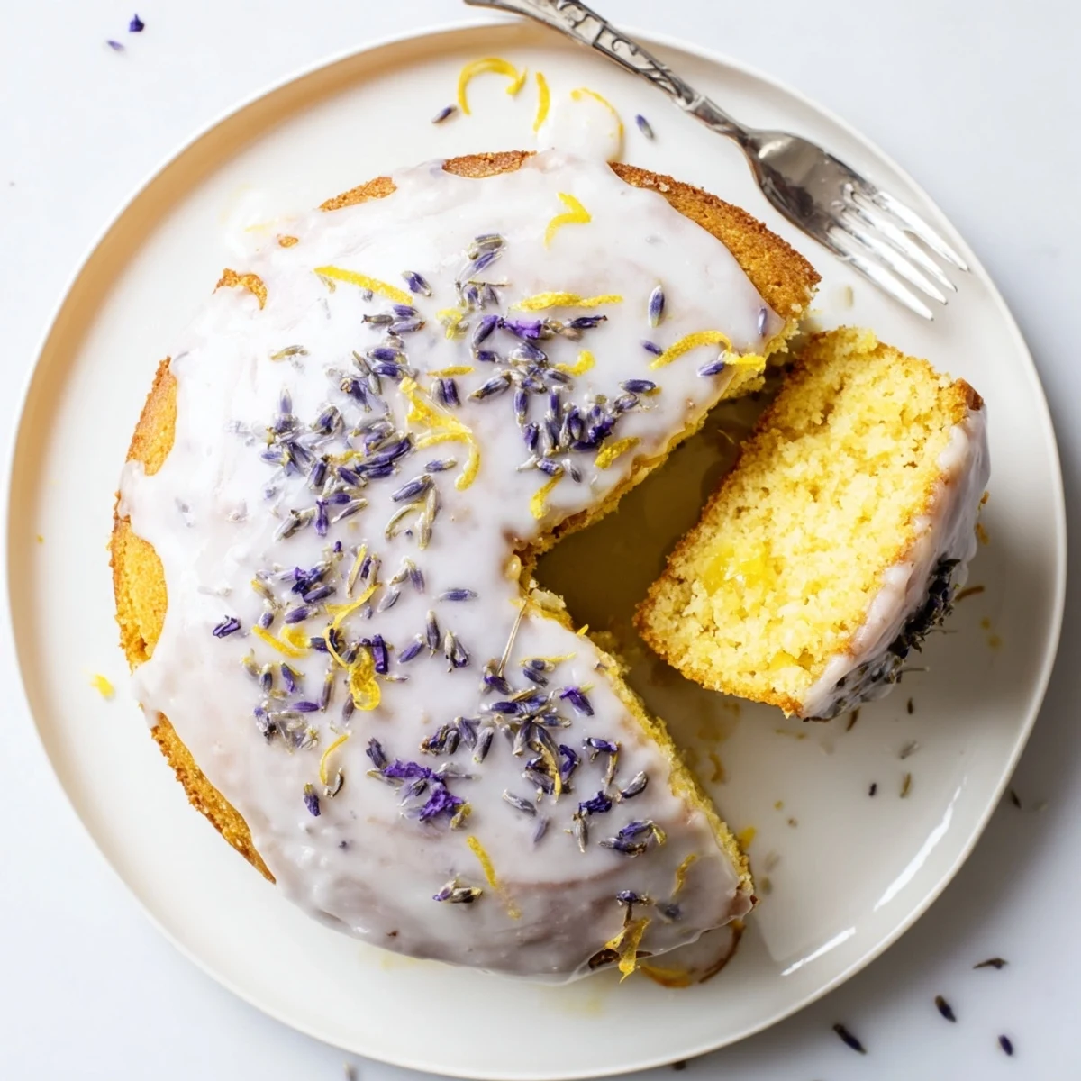 A slice of homemade Lemon Lavender Cake drizzled with sweet glaze, served on a white plate with fresh tea.