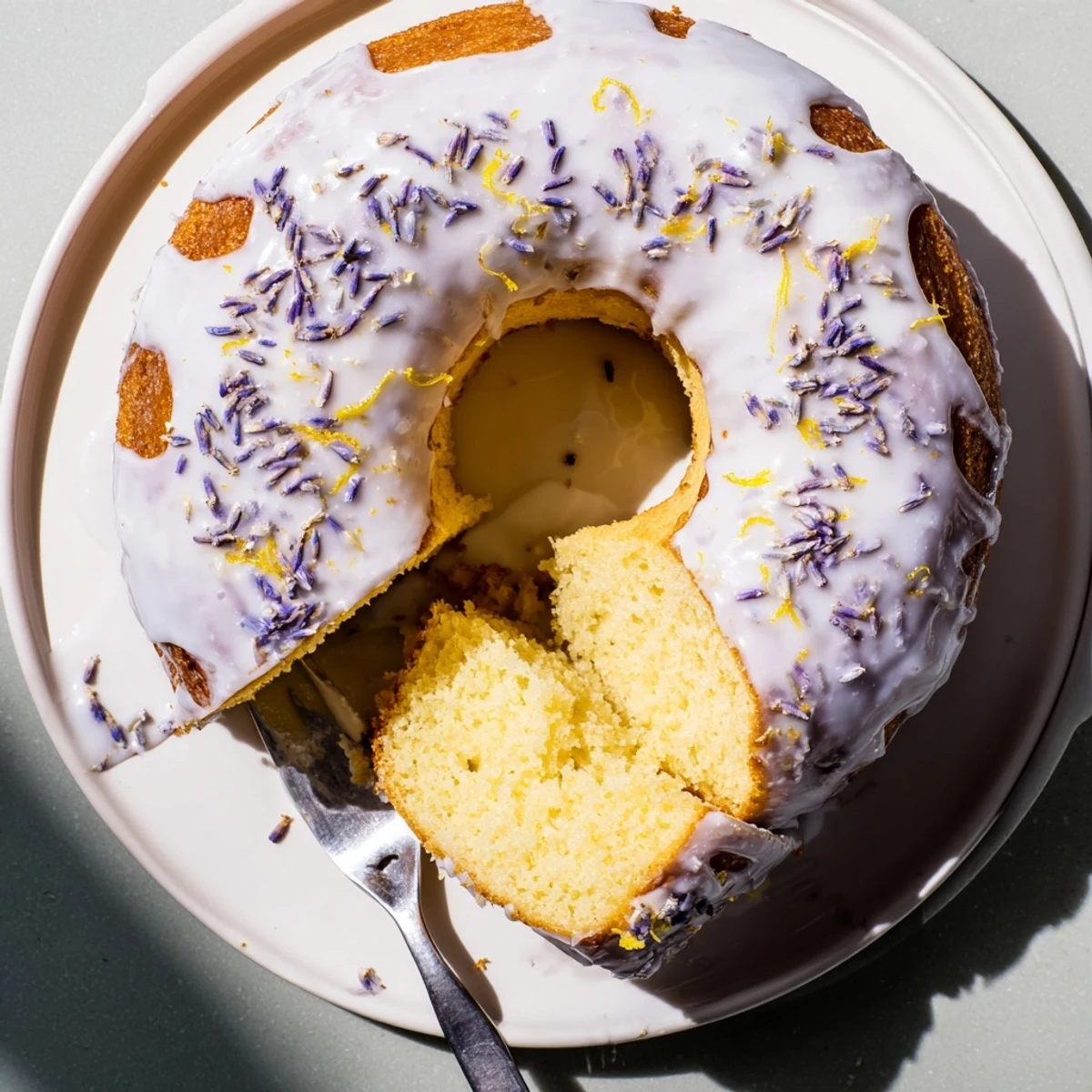Moist Lemon Lavender Cake on a wooden board, cut to show tender crumb, perfect for an elegant afternoon tea.