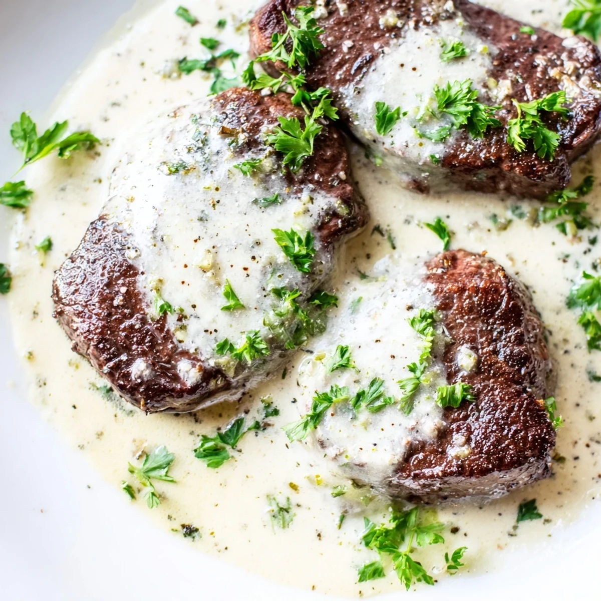 Seared Garlic Butter Steak With Parmesan Cream Sauce on a white plate, garnished with fresh parsley and resting under a drizzle of creamy sauce.