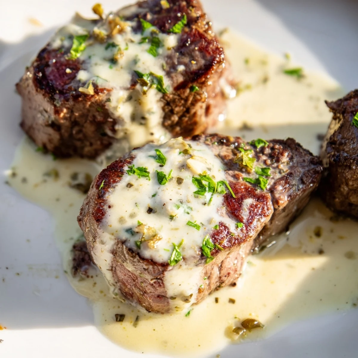 A close-up view of Garlic Butter Steak With Parmesan Cream Sauce, featuring juicy pink centers and rich, velvety sauce pooling on the plate.