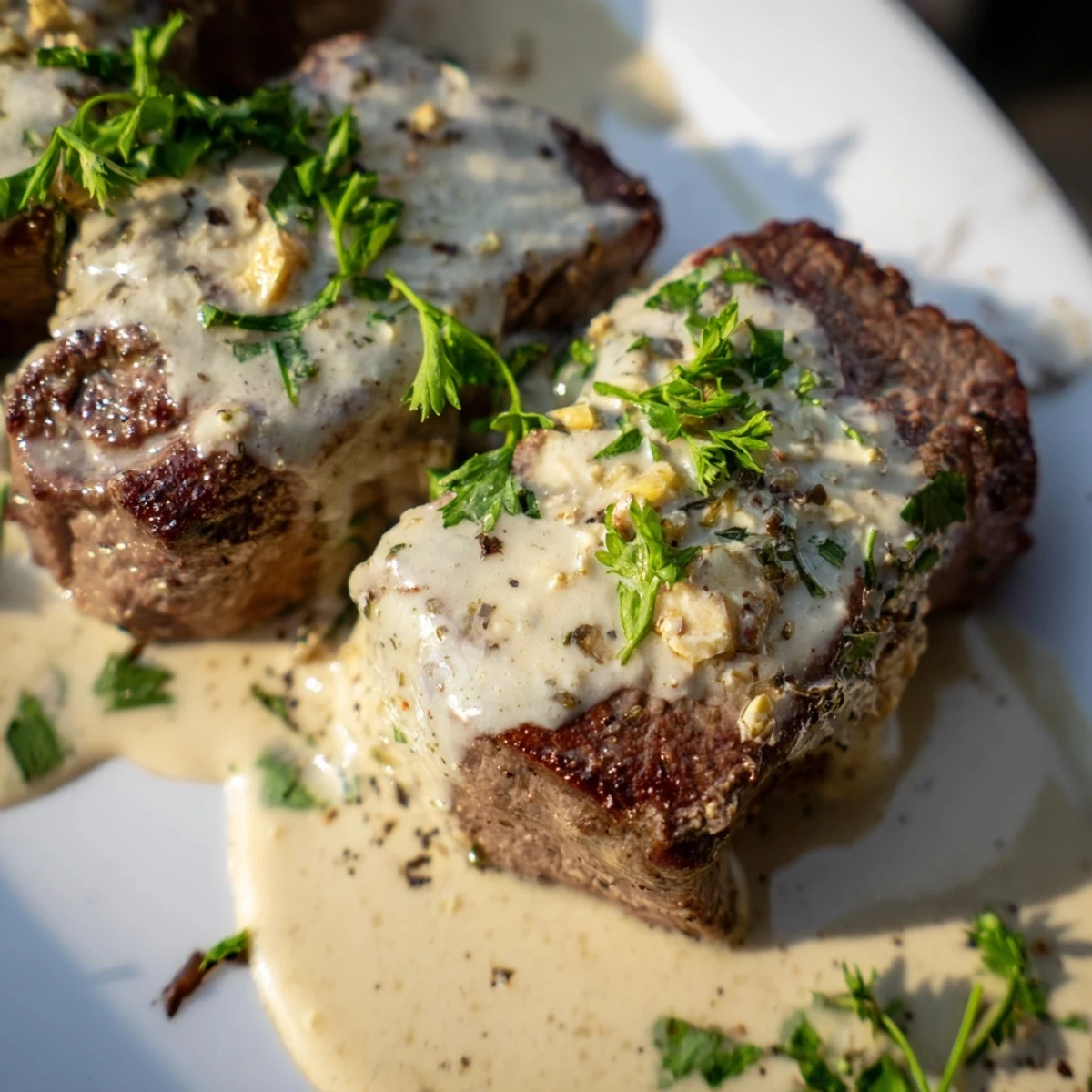 Garlic Butter Steak With Parmesan Cream Sauce plated beside roasted asparagus, steam rising from the warm, savory Parmesan cream topping.