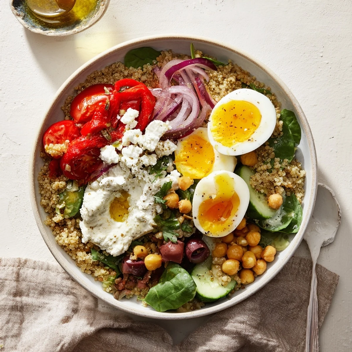 Bright Mediterranean breakfast bowl with jammy boiled eggs, creamy Greek yogurt, chickpeas, and feta on fluffy quinoa.