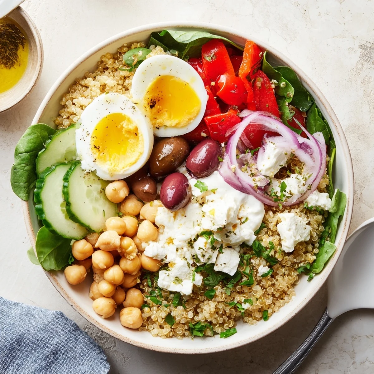 High Protein Mediterranean Breakfast Bowls topped with fresh veggies, olives, and parsley, drizzled with golden olive oil.