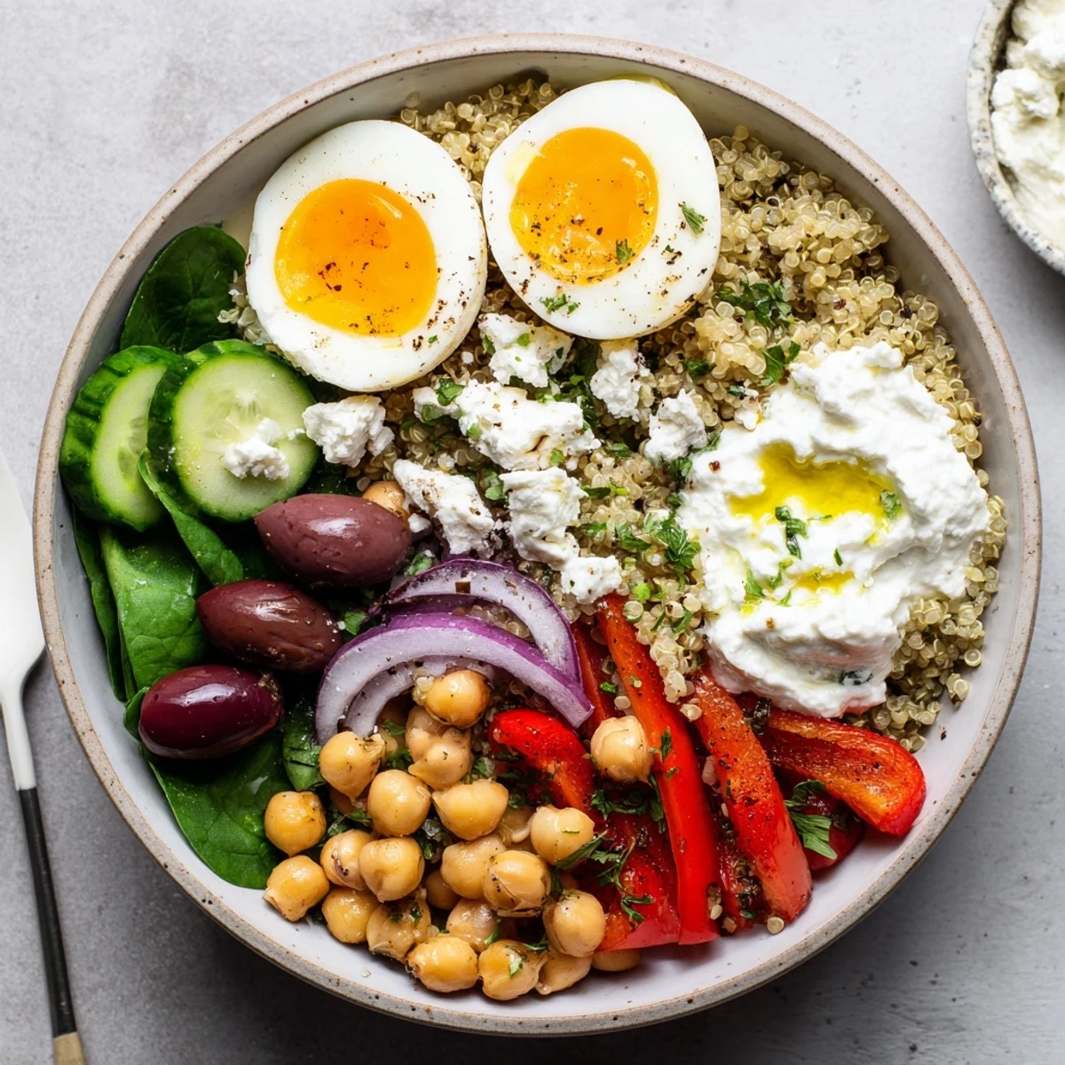 Colorful High Protein Mediterranean Breakfast Bowls served with lemon wedges, perfect for a nourishing vegetarian American brunch.
