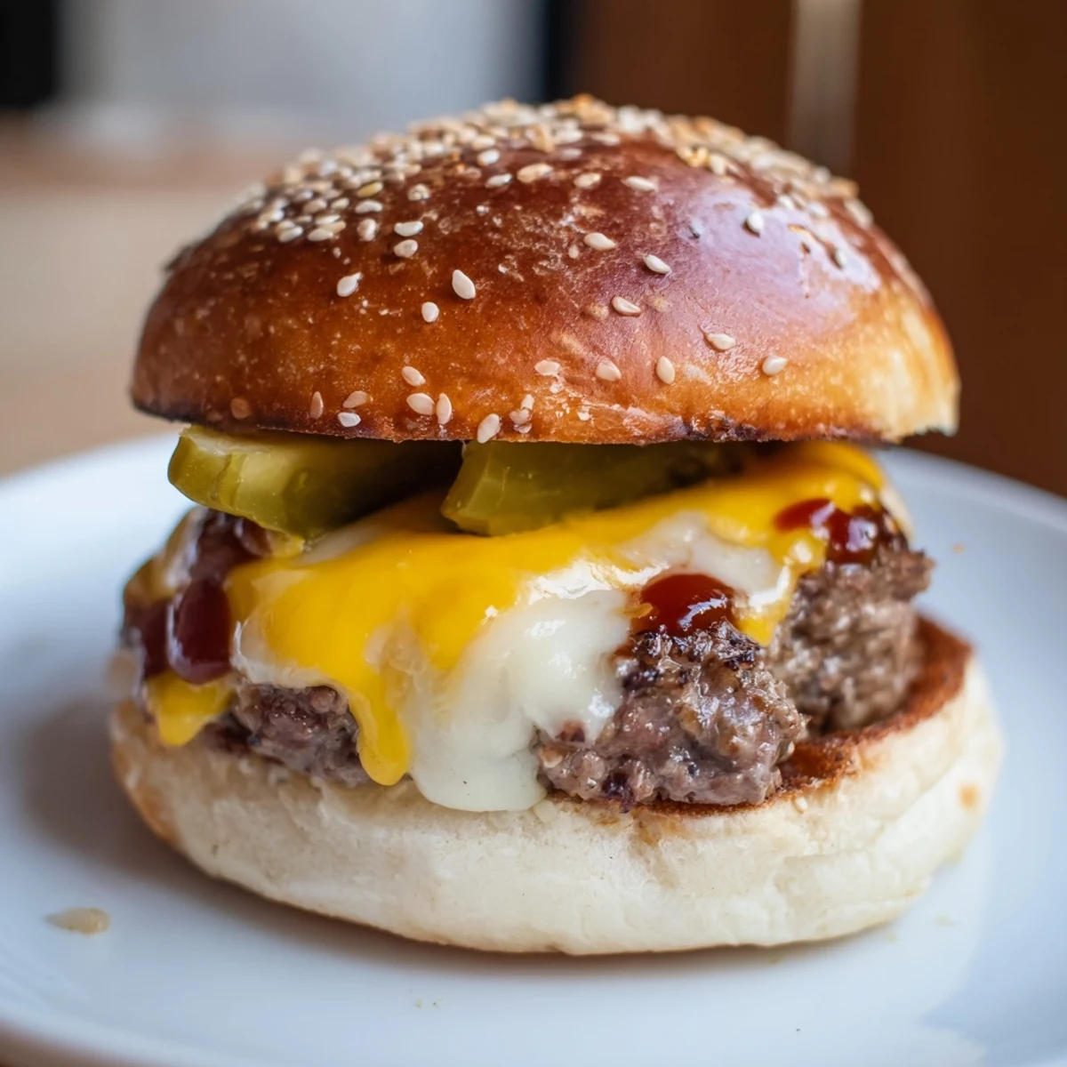 Golden-brown White Trash Sliders fresh from the oven, topped with melted American cheese and tangy pickles on a buttered bun.