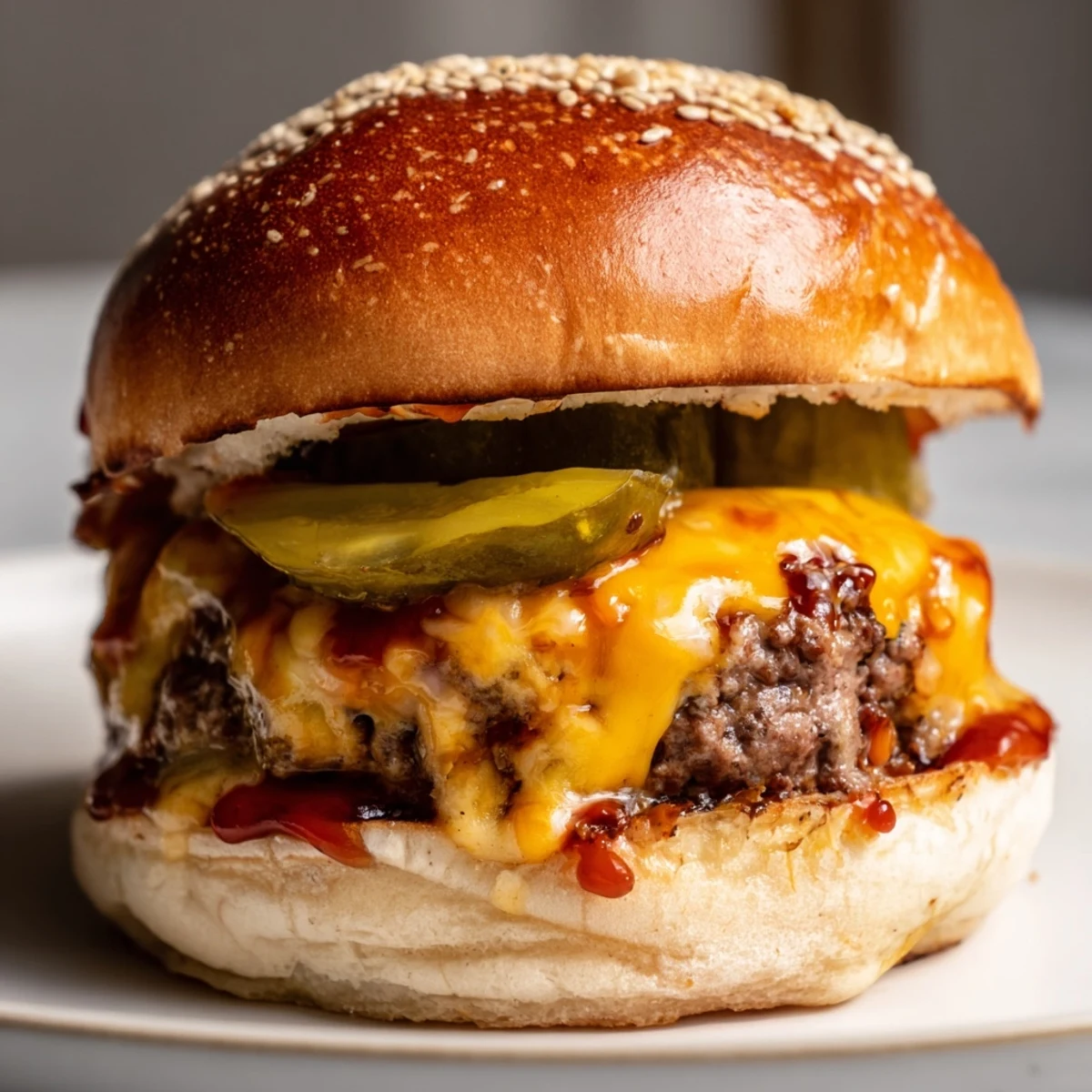 Close-up view of juicy White Trash Sliders, showing layered beef, cheese, and condiments on soft Hawaiian-style rolls.