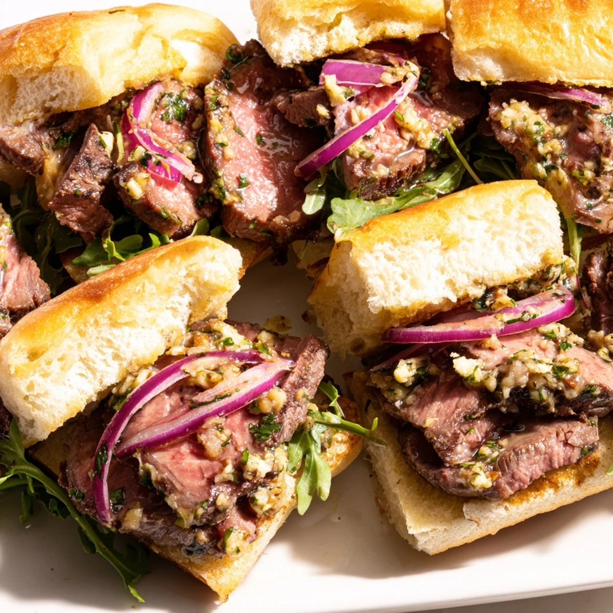 Golden slider buns holding tender steak, bright arugula, and a dollop of zesty homemade butter in Cowboy Butter Steak Sliders.