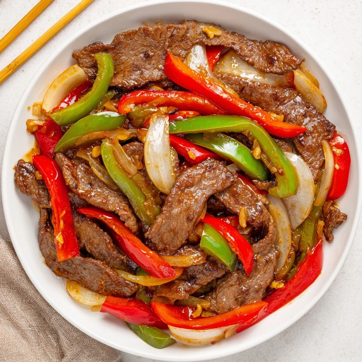 Steaming Sizzling Chinese Pepper Steak With Onions, beef strips and bell peppers tossed in a savory black pepper sauce over rice.