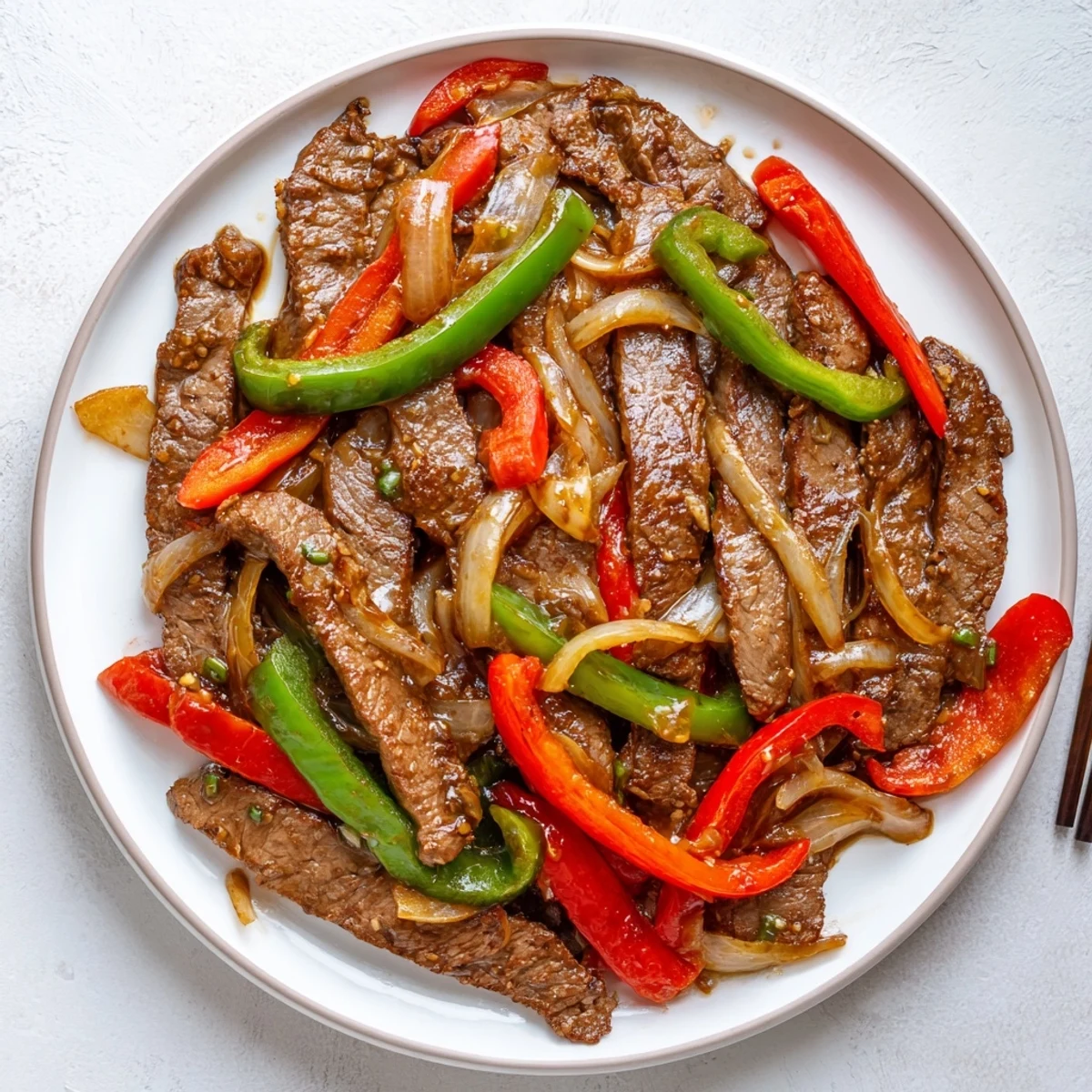 Sizzling Chinese Pepper Steak With Onions sizzles in a hot wok, glossy sauce coating tender beef, onions, and crisp peppers.