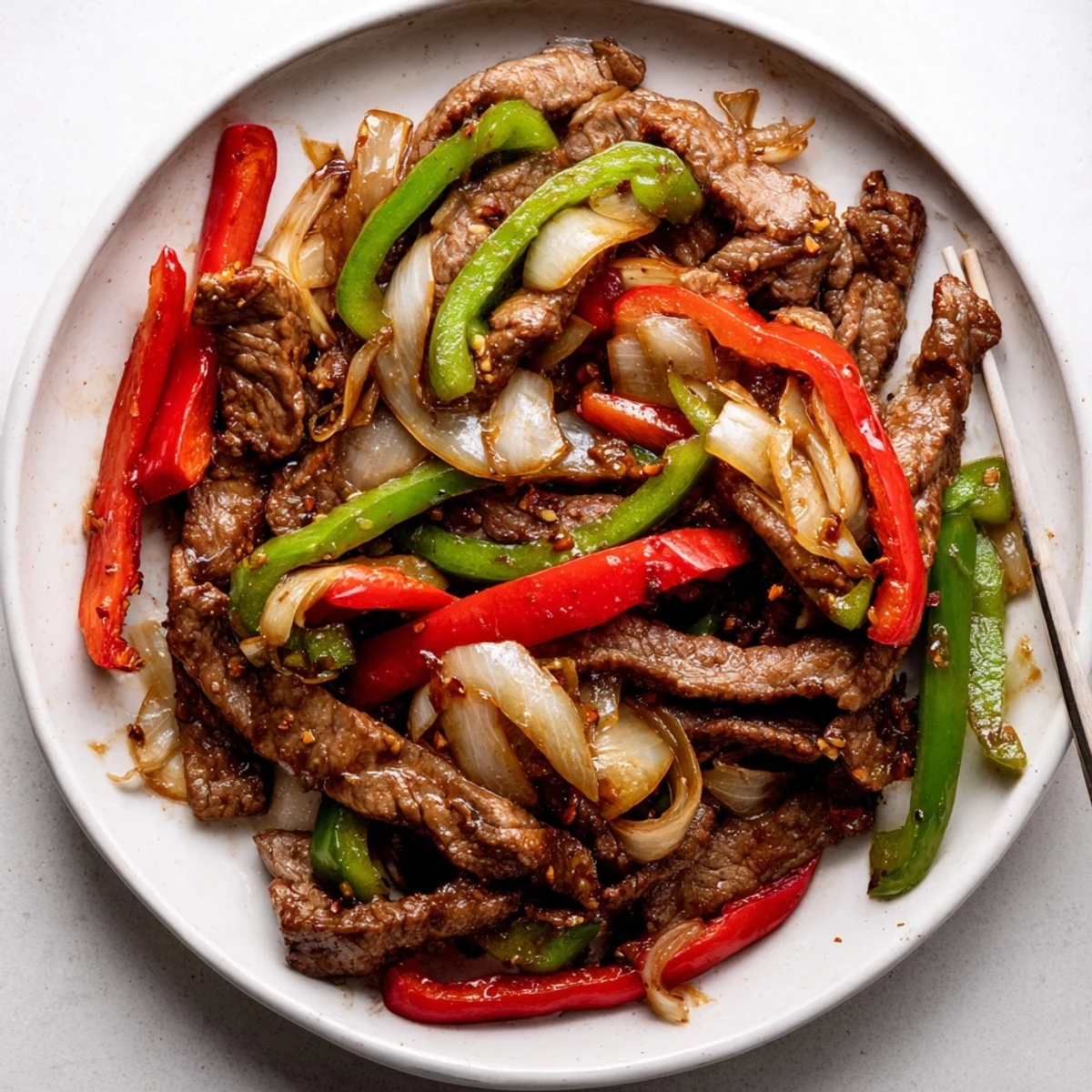 A close-up plate of Sizzling Chinese Pepper Steak With Onions, served alongside fluffy white rice, perfect for a quick weeknight dinner.