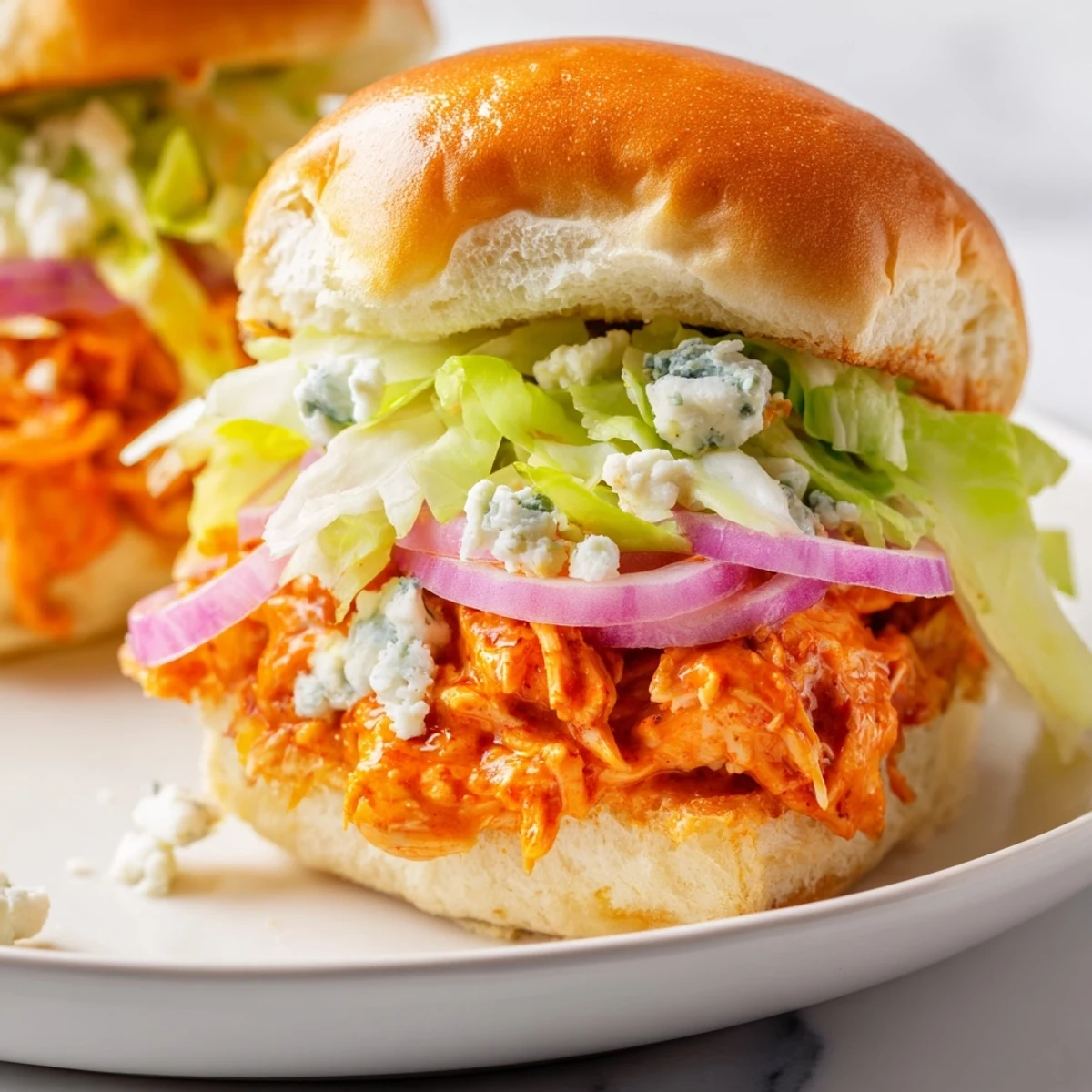 Spicy Buffalo chicken sliders with melted blue cheese on a soft bun, served with carrots and celery.