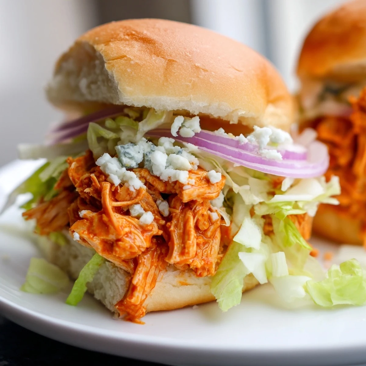 An easy game day Spicy Buffalo chicken slider recipe with shredded chicken, spicy sauce, and crunchy lettuce.