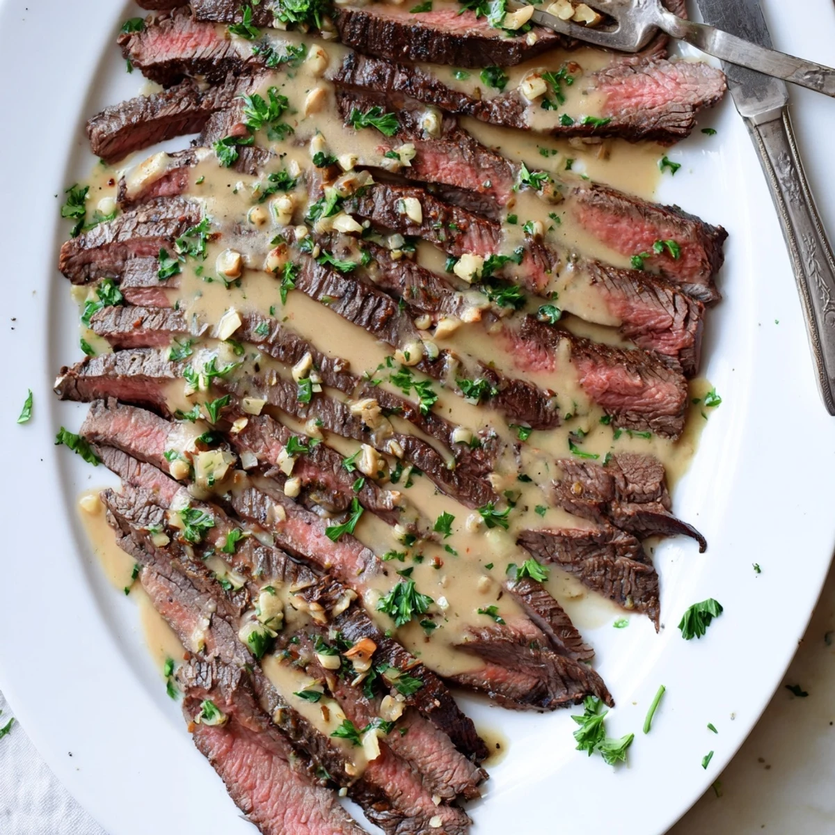 Flank steak with roasted garlic sauce plated beside green beans and potatoes on a rustic wooden table.